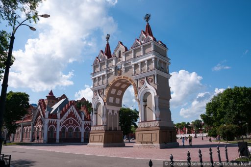 Russia, Blagoveshchensk, July 2019: triumphal arch in honor of Tsarevich Romanov on the embankment of the city of Blagoveshchensk